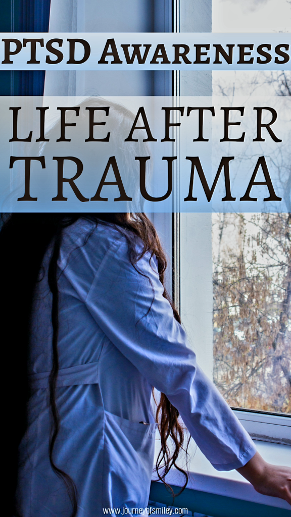 A woman looking out of the window, she is wearing a while long coat, and the title is PTSD Awareness, Life after trauma on Journeyofsmiiley blog