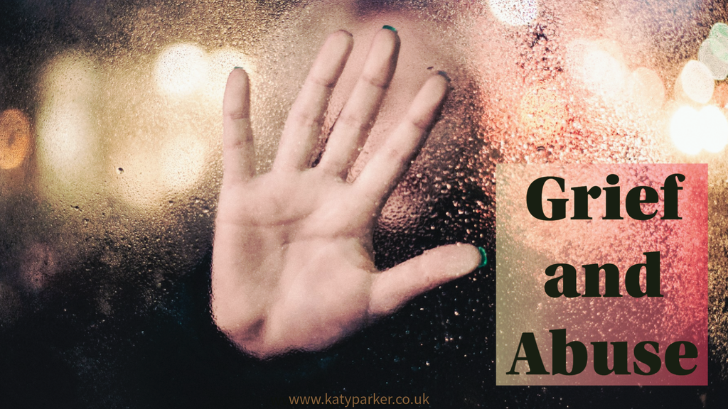 An open hand on a wet glass, a person standing in the background and the title is Grief and Abuse by Katy Parker
